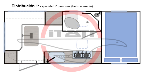Plano distribución Motorhome ITATI 4x4 para 2 personas con baño central.