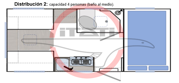 Plano distribución Motorhome ITATI 4x4 para 4 personas con baño central.