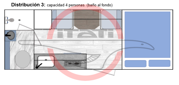 Plano distribución Motorhome ITATI 4x4 para 4 personas con baño al fondo.
